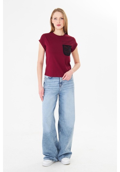 Sortie Collection Dantel Cepli Yazı Baskılı Katlama Kollu Tshirt Bordo