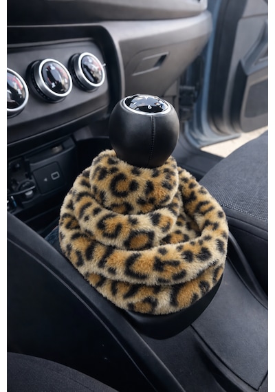 Kadınlara Özel Yumuşak Tüylü Peluş Kürk Vites Körüğü Vites Süsü Leopar Desenli Kahve