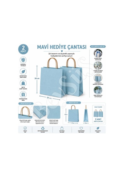 30x25 Cm Hediyelik Kağıt Çanta Mavi 2 Adet Tüm Yaşlar