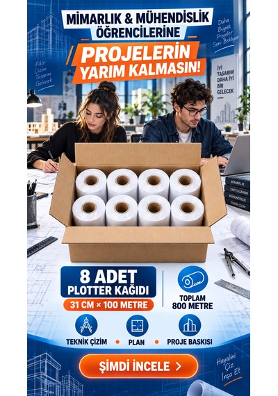 Haydi Dekor 8 Li Plotter Kağıdı 31 Cm 100 Metre Toplam 800 Metre Beyaz Rulo Kağıt, Teknik Çizim Ve Proje Baskı Kağıdı