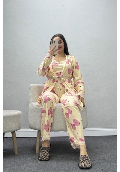 Belendir Kadın Süet 3'lü Pijama Set Bej