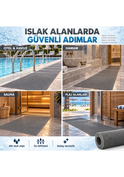 Hortumtech Bal Petek Paspas Kaydırmaz Pvc Islak Zemin Duş Havuz Su Tahliyesi 4 Mm - Gri 90 X 100 Cm