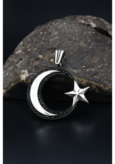 Mikro Taş Süslemeli Kolye Ucu Ay Yıldızlı Ayyıldızlı 925 Ayar Gümüş 901207