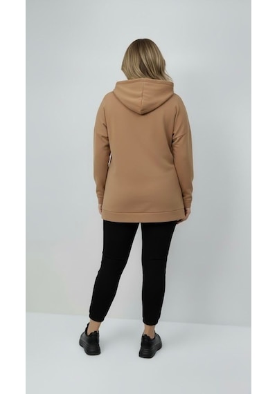 Koza Butik Kadın Büyük Beden Uzun Kollu Kapüşonlu Fermuar Detaylı Sweatshirt 2007 Bej