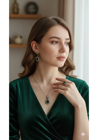 Zümrüt Taşlı Zirkon Çerceveli Gümüş Set Bronz