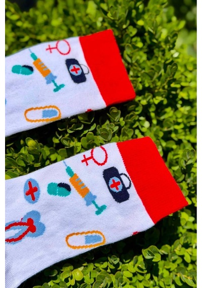 Lousocks Unisex Doktor Hemşire Medikal Desenli Beyaz Soket Çorap