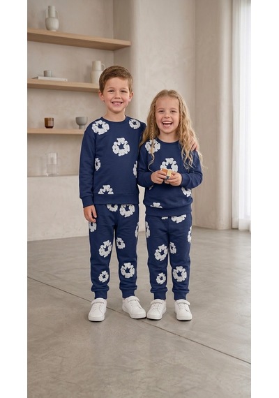 Mavi Boncukk Kız Erkek Çocuk Unisex Çiçek Desenli Sweatshirt Ve Eşofman Altı 2 Li Takım Lacivert