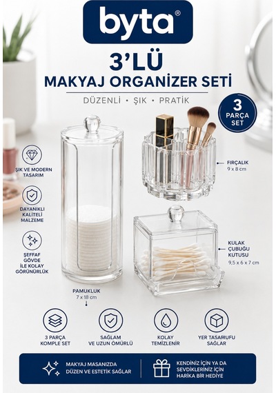 3'lü Şeffaf Makyaj Organizer Seti Pamukluk, Kulak Çubuğu Kutusu Ve Fırçalık Düzenleyici Şeffaf