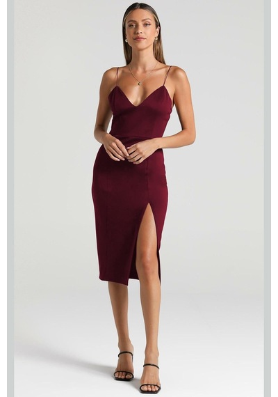 Madmext Bordo V Yaka Yırtmaçlı Saten Elbise Mg1742-bordo Bordo