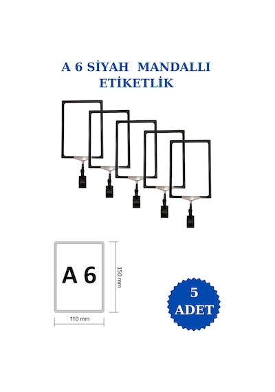 5 Adet Siyah A6 Mandallı Raf Sepet Etiketi Çerçeveli Etiketlik Siyah