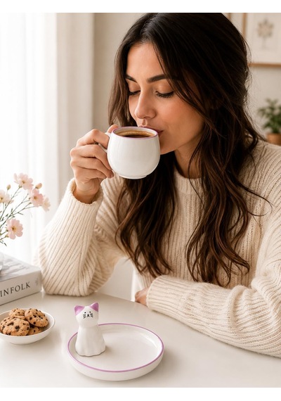 Kedi Figürlü Lila Renk Seramik Espresso Fincanı Ve Tabak Seti Sevimli Tasarım Mini Kahve Fincanı Çok Renkli