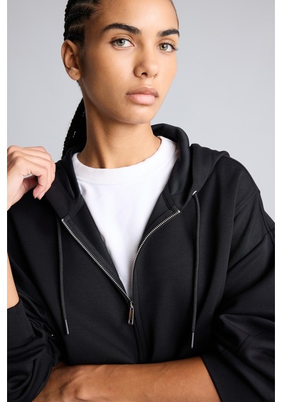 Defacto Ultra Yumuşak Oversize Fermuarlı Kapüşonlu Cepli Basic Sweatshirt Hırka H5189ax26aubk81 Siyah-bk81