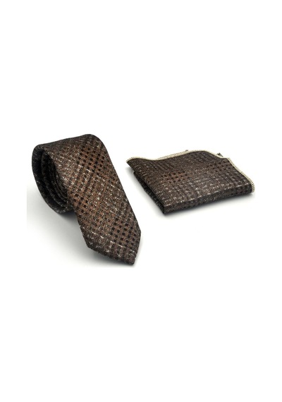 Gaffy Gri Desenli Kahverengi Dokuma Kumaş Mendilli Slim Fit Kravat // Sdk-2602-4 Kahverengi