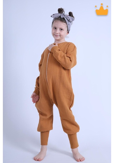 Babyhola Çocuk Mevsimlik Uyku Tulumu 2-8 Yaş 1 Tog 4 Kat Müslin Uzun Kollu Uyku Tulumu Hardal