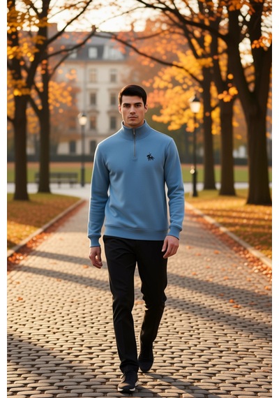 Benerly Erkek Dik Yaka Fermuarlı Standart Kol Regular Kalıp Sweatshirt Fo Açık Mavi