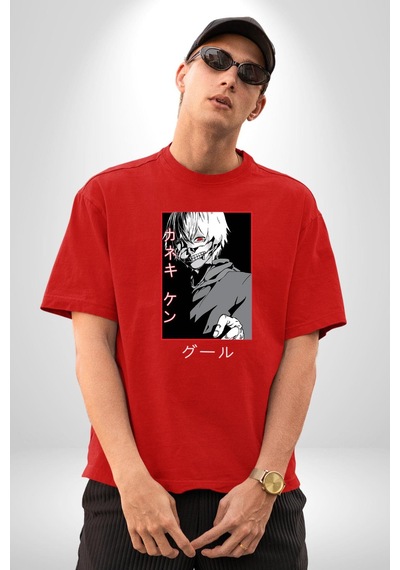 Kaneki Ken Kuma Japon Anime Şeytan Pamuklu Bisiklet Yaka Unisex Oversize Boyfriend Dijital Baskılı Kırmızı T-shirt Kırmızı