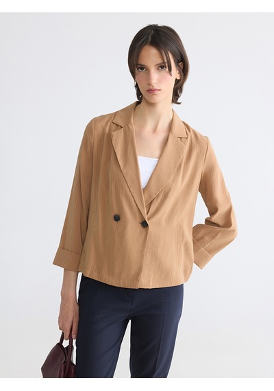 Lcw Everyday Bej Kruvaze Yaka Çizgili Kadın Blazer Ceket