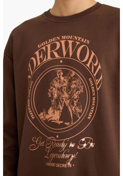Defacto Boxy Fit Bisiklet Yaka Baskılı Sweatshirt F2111ax25aubn539 Kahve-bn539