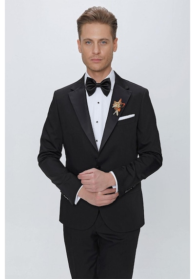 Efor Black 061 Slim Fit Çıkarılabilir Saten Yaka Siyah Damatlık Smokin Takım Siyah