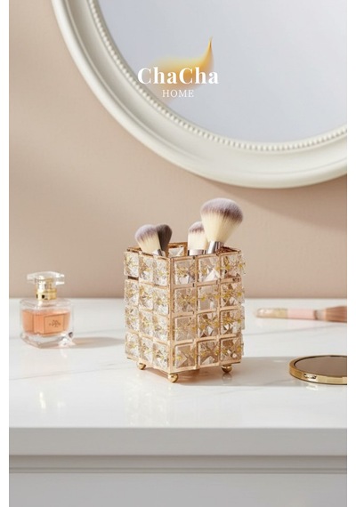 Chacha Home Kristal Taşlı Metal Dekoratif Organizer Mumluk & Takı Kutusu Altın