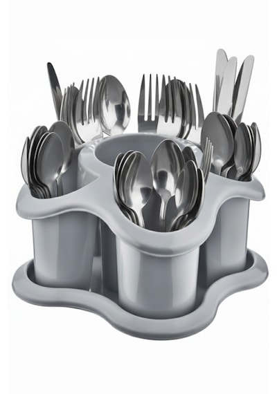 Mutfak Tezgah Üstü Kaşıklık Ve Düzenleyici 5 Bölmeli Çok Amaçlı Plastik Organizer Papatya 16x16cm Açık Gri