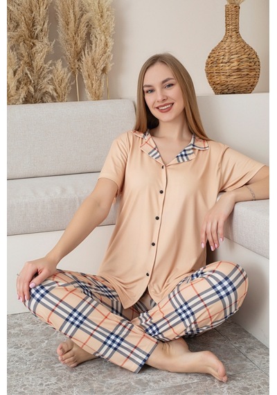 Farya Home Dreamy Milan Kısa Kollu Ekose Kareli Düğmeli Gömlek Pijama Takımı SOMON