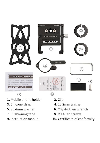 Gub Pro 7 Alüminyum Cnc Bisiklet Ve Motosiklet Telefon Tutucu Silikon Ağ Destekli, 31.8mm Gidon Uyumlu Siyah