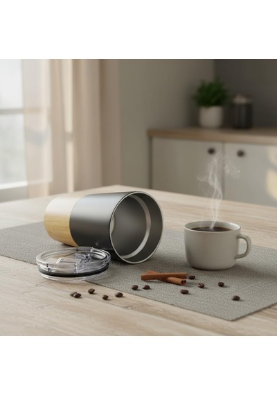 600 Ml Bambu Tabanlı Çelik Termos Mug - 5 Farklı Renk Seçenekli Sıcak Ve Soğuk Tutucu Seyahat Bardağı Siyah Çok Renkli