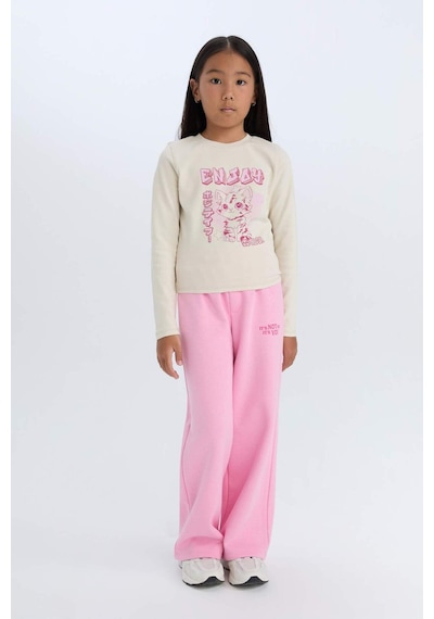 DeFacto Kız Çocuk Cropped Fit Bisiklet Yaka Baskılı Fitilli Kaşkorse Uzun Kollu Tişört D3430A824WNBG734 Bej