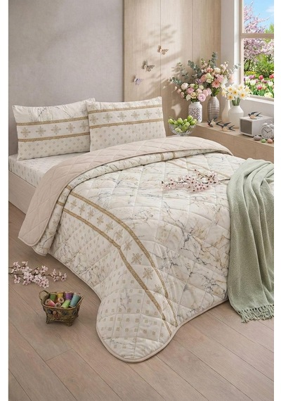 Tr Kapitoneli Çift Kişilik Desenli Pike - Yatak Örtüsü Takımı 200x230 Cm - 2 Adet Yastık Kılıflı Bej Diğer