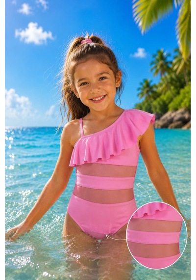 My Kids Wear Kız Çocuk Fırfır Ve Tül Detaylı Tek Parça Mayo. 12834 Pembe