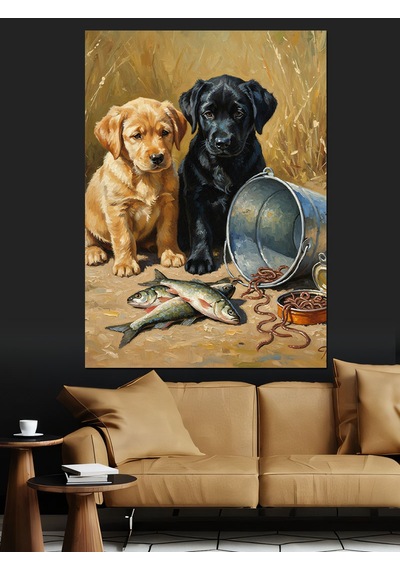 Ahşap Tablo Balık Yiyen Sevimli Köpekler