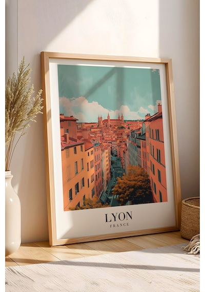 Lyon France Vintage Seyahat Posteri Çerçeveli Tablo - Premium Fransız Mimarisi Elit Duvar Dekoru Kayın