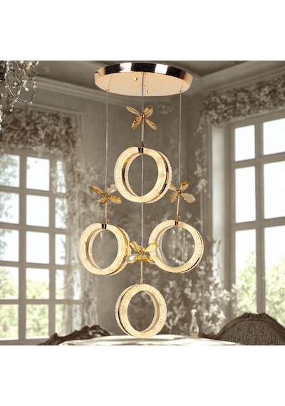4'lü Alyans Gold 3 Renk Modlu Kristal Taşlı Ledli Avize Altın