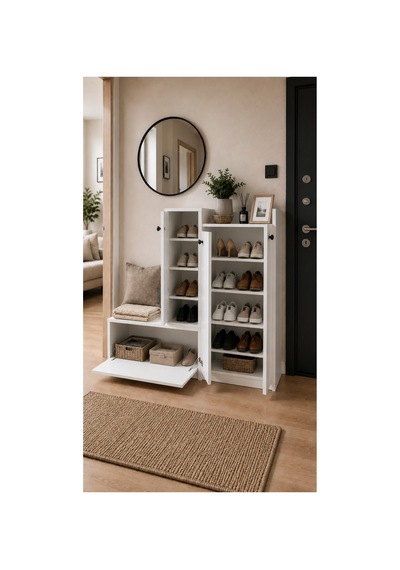 Çok Bölmeli Ayakkabılık Dolabı Bench Oturaklı Beyaz Beyaz