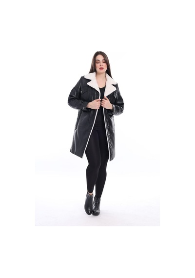 M M Marki Marki Kadın Deri Kaban, Siyah Kürk Yakalı, Uzun Şişme Kaban, Şık Ve 90 Cm Uzunluk - 111522