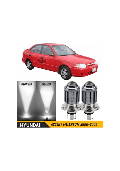 Hyundai Accent Milenyum 2000-2003 Uyumlu Mercekli Far Ampulü Led Xenon Beyaz Renk Far Şimşek Etkili Csp Led Lamba Uzun Kısa 2 Adet Takım