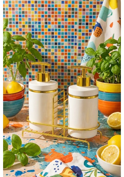 Makri Home 2'li Sıvı Sabunluk Seti, Süngerlikli Ve Stantlı, Beyaz Altın Beyaz