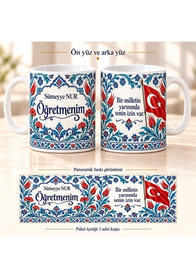 İsme Özel Öğretmenim İznik Çinisi Öğretmenler Günü Kupası Beyaz