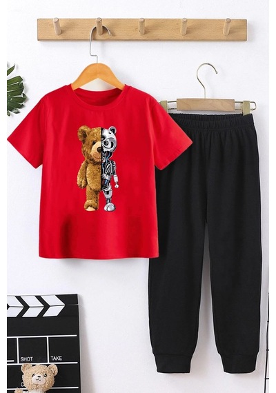 Uyguntarz Çocuk Boys Bear Alt - Üst Eşofman Takımı Kırmızı
