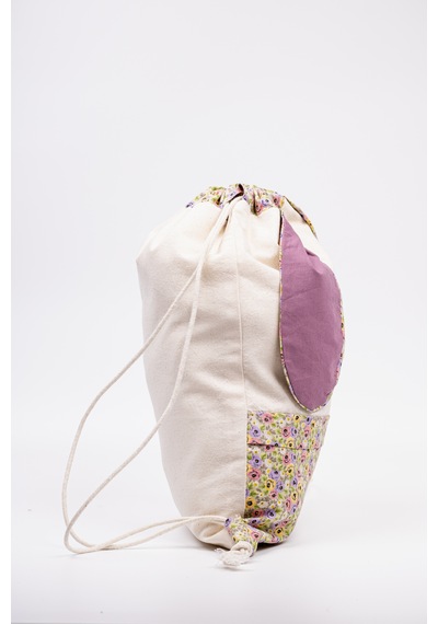 Fabric Craft Bag Çocuk Sırt Çantası Çiçek Desenli Figürlü Bez Model 33x44 Cm Astarlı Krem - Mor