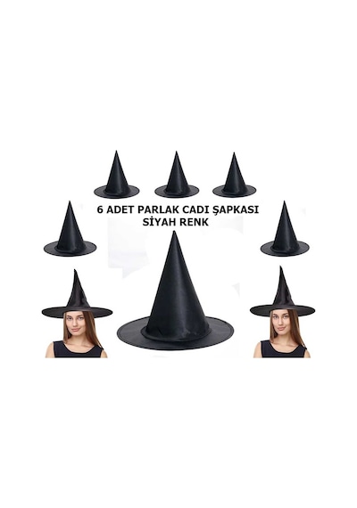 Halloween Siyah Renk Parlak Dralon Cadı Şapkası Yetişkin Ve Çocuk Uyumlu 6 Adet