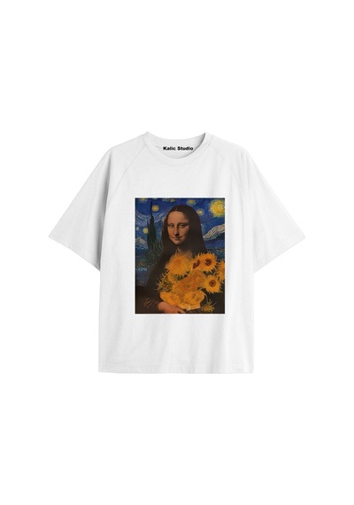 Kalic Studio Unisex Van Gogh Baskılı Oversize Tshirt Beyaz-67