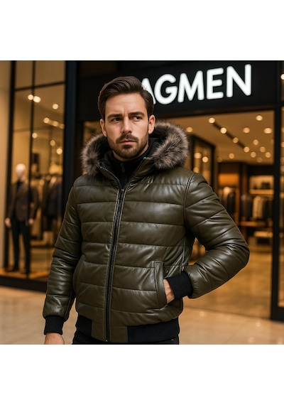 Zagmen Erkek Kürk Yaka Şişme Suni Deri Mont Haki