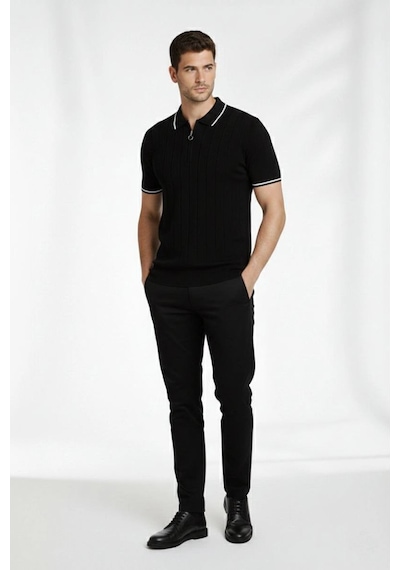 Erkek Triko Tişört Fermuarlı Polo Yaka Yazlık Kısa Kol T-shirt 2 Li Set Beyaz-siyah Çok Renkli