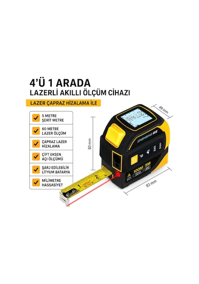 Oseay 3 Ü 1 Arada Şarjlı Lazer Metre 60 M 5 M Çelik Şerit Metre Ve Çapraz Lazer Hizalama
