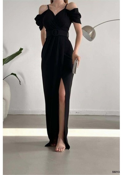 Lior Design Kadın Trend Krep Kumaş V Yaka Yırtmaçlı Abiye Elbise Siyah