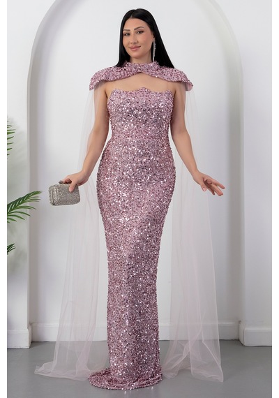 Kalopya Straplez Yaka Bolerolu Pullu Abiye Elbise Ecr5683 Pembe
