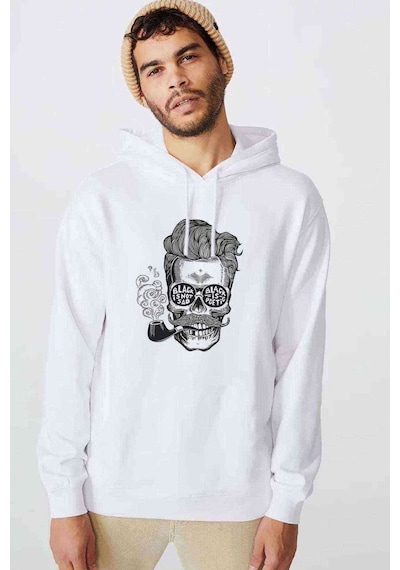 Pipolu Kurukafa Baskılı Beyaz Erkek Örme Kapşonlu Sweatshirt