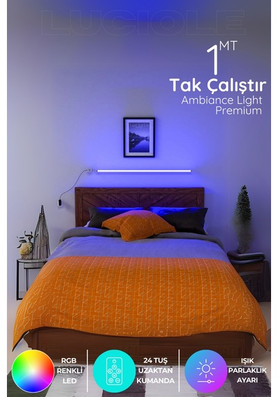 Yatak Tv Üstü Led Abajur Işık Uzaktan Kumandalı 16 Renk 4 Animasyon Yapışkanlı Bed.lightma